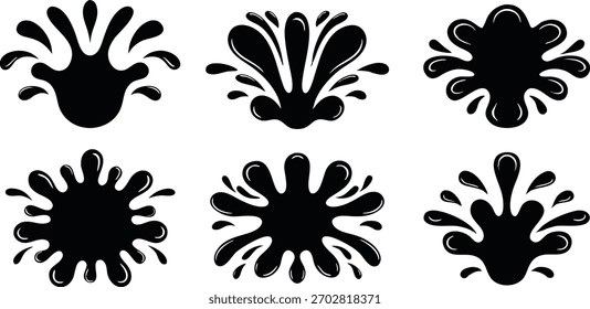 a set of six black ink splash shapes, each with a unique design, isolated on a white background