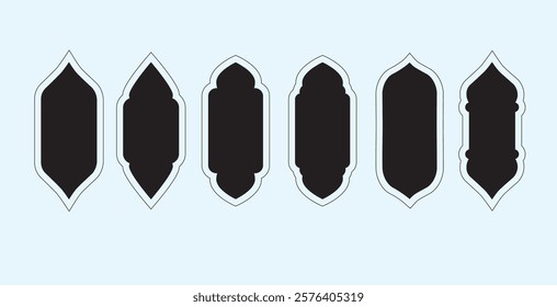 Set of six black Islamic window silhouettes with white outlines on a light background. Vector design