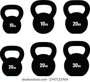 Set of six black kettlebells with varying weights for strength training exercises Vector