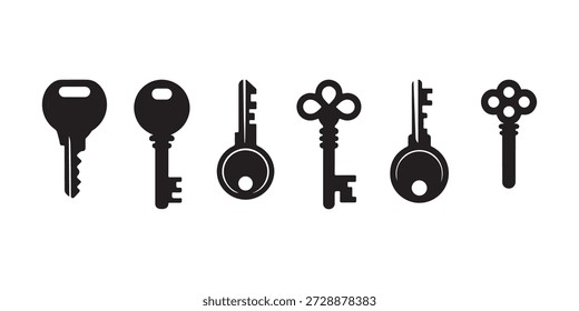 A set of six black keys in different shapes and sizes on a pure white background, showcasing various types of keys for unlocking purposes