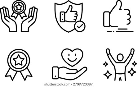 Conjunto de seis iconos de arte de línea negra que representan la calidad, la confianza, la Aprobación, el cuidado, el éxito y el Comentarios positivo para los conceptos de negocios y servicios.