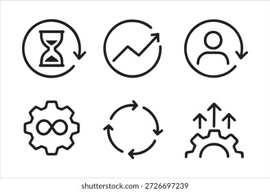 eine Reihe von sechs schwarzen Linien, die Geschäftsprozesskonzepte und Workflow-Management darstellen