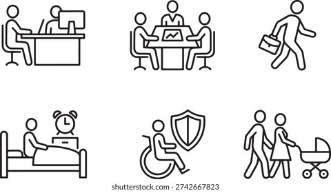 A set of six black line icons on a white background showing people at work, in a meeting, walking with a briefcase, in bed with a teddy bear, in a wheelchair with a shield, and pushing a stroller with
