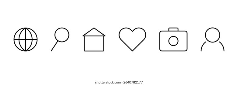 Set of six black line interface icons including globe, search, home, heart, camera, and user. Flat vector template for web, mobile, or app design