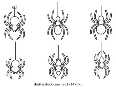 set of six black line spider icons hanging on thread vector illustration on transparent background