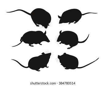 Set of six black mice silhouettes. Vector illustration