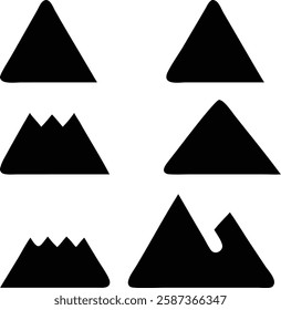 Set of Six Black Mountain Silhouettes Icons for Nature and Outdoor Designs