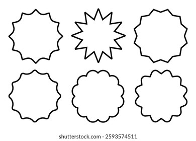 Set of six black outline badge shapes isolated on white background. Starburst stickers. Geometric decorative frames