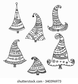 Set of six black outline decorative hand drawn christmas tree elements