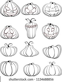 Set of six black outline pumpkins isolated on white background. A symbol of the holiday of Halloween. Vector Image.