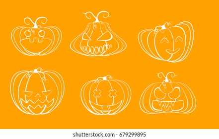 Set of six black outline pumpkins isolated on white background. A symbol of the holiday of Halloween. Vector Image.