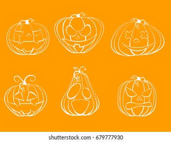 Set of six black outline pumpkins isolated on white background. A symbol of the holiday of Halloween. Vector Image.
