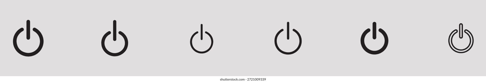 Un conjunto de seis iconos de Botón de energía negro sobre un fondo gris claro con varios diseños