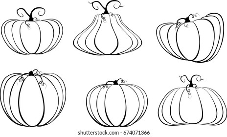 Set of six black pumpkins isolated on white background