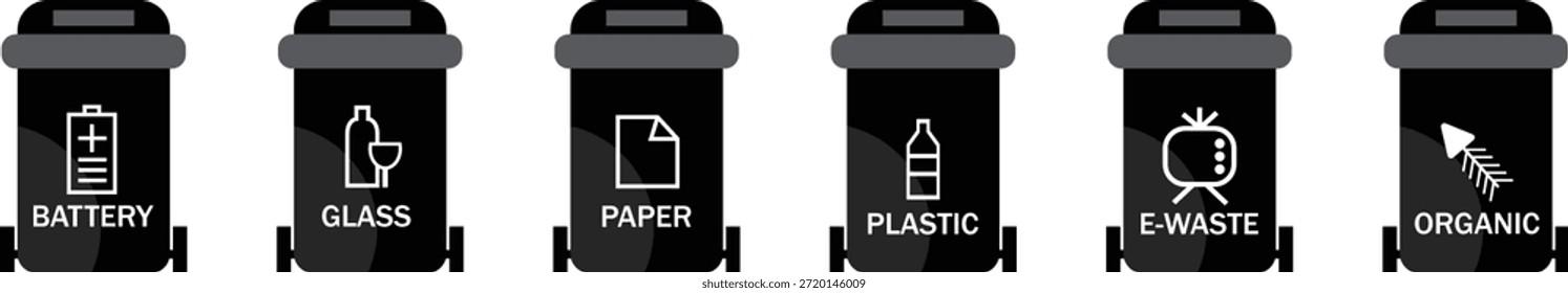 Conjunto de seis caixas de coleta de reciclagem pretas com ícones brancos e rótulos para resíduos eletrônicos plásticos de papel de vidro de bateria e materiais orgânicos demonstrando a triagem de resíduos domésticos essenciais para a responsabilidade ambiental.