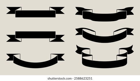 Set of six black ribbon banners. Ribbon banners in various styles. Black ribbon banners for decoration. Classic ribbon banners for design projects. Element vector set.