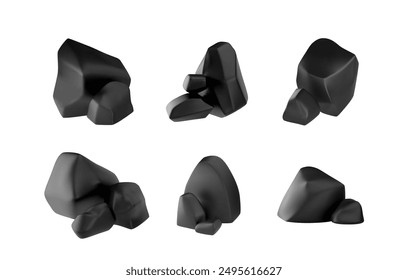 Set of six black rocks with varied shapes. Vector illustration of 3D rock icons featuring sharp edges and realistic textures. Ideal for natural, geological, and design projects