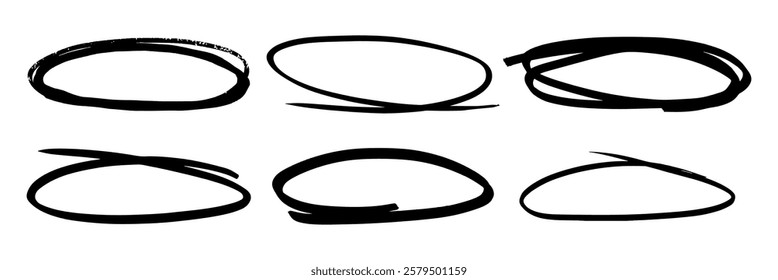 Set of six black scribble circles. Scribble lines vary in thickness and style. Black scribbles create abstract circle shapes. Artistic black circle scribbles. Hand drawn doodle frames, vector set.