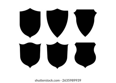 Set of six black shield shapes in various designs suitable for emblem and badge creation