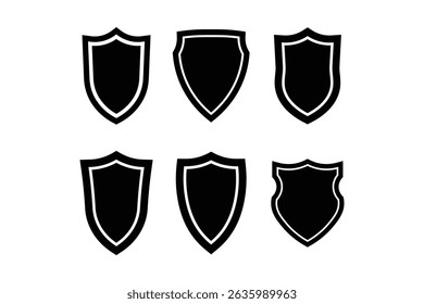 Set of six black shield silhouettes with various shapes and borders isolated on white background
