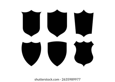 Set of six black shield silhouettes representing protection security and heraldic design elements