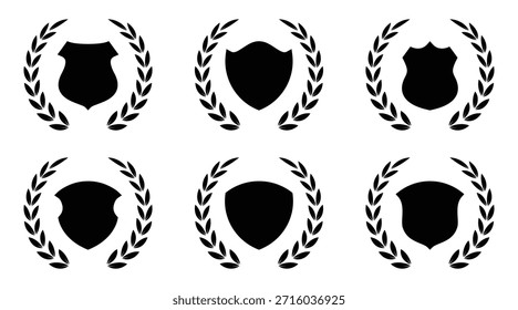 Set of six black silhouette circular laurel wreaths with blank shields. Shield with Laurel Wreath Icon. Collection of classic black shield icons, laurel wreaths.