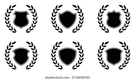 Set von sechs schwarzen Silhouette kreisförmigen Lorbeerkränzen mit leeren Schilden. Schild mit Lorbeerkranz-Symbol. Sammlung von klassischen schwarzen Schild-Ikonen, Lorbeerkränze.