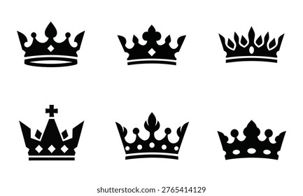 A set of six black silhouette crowns, varying in design, representing power, authority, and regal status.