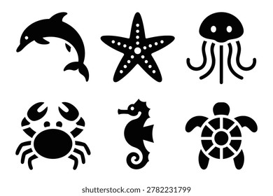 Set of six black silhouette featuring marine animals, sea life ocean