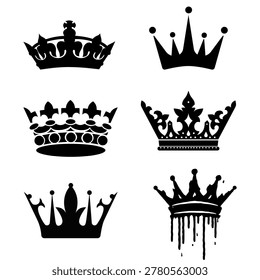 Set of six black silhouette icons of various royal crowns. Includes designs for kings, queens, and emperors, featuring one unique 