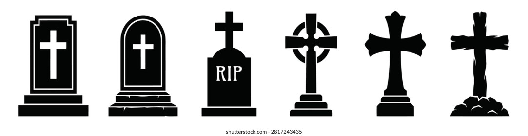 A set of six black silhouette icons representing different styles of gravestones, tombstones, and cemetery crosses isolated on a white background.