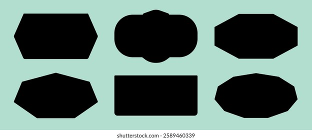 Set of six black silhouette shapes on a light green background. Shapes include rectangles, ovals, and hexagons. Silhouettes create a bold contrast. Element vector set.