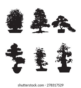 Set of six black silhouettes bonsai on an isolated background. Miniature trees gorshkah.yu Potted trees, Japanese trees.