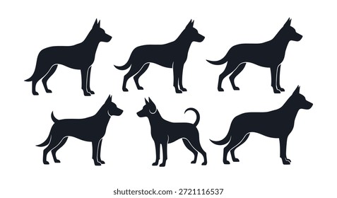 Set of six black silhouettes of different dog breeds standing in profile for pet care, veterinary, and animal lover themed designs.