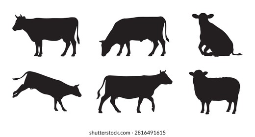 Set of six black silhouettes of farm animals including cows and sheep for livestock illustration design.
