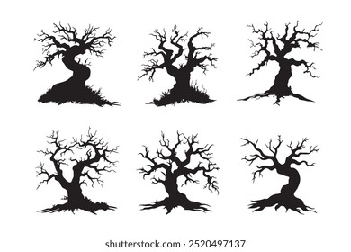 Set of six black silhouettes of leafless, gnarled trees with intricate branches, ideal for nature or Halloween-themed designs.