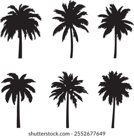 a set of six black silhouettes of palm trees