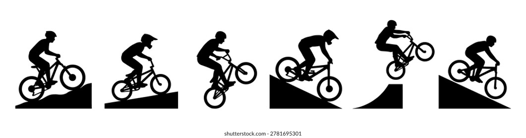 Set of six black silhouettes showing a cyclist performing an extreme jump on a bicycle, illustrating the different phases of the trick from approach to landing on a ramp