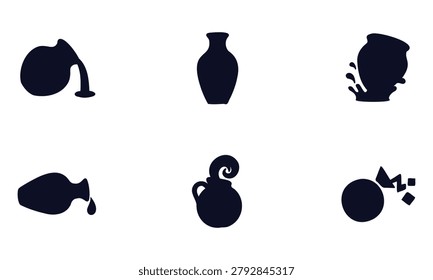 Set of six black silhouettes of various broken and intact ceramic pots and vases