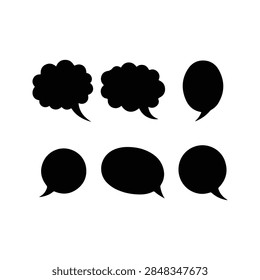 Set of six black speech bubble icons in various shapes and sizes, suitable for communication, dialogue, and conversation themes in digital design.