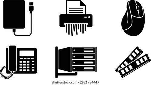 Set of six black vector icons showing office equipment, external hard drive, paper shredder, computer mouse, desk telephone, server rack, and RAM modules