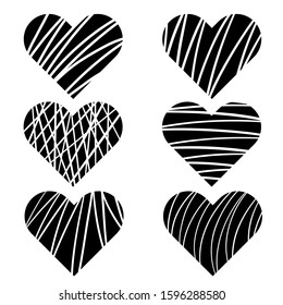 Set of six black vector striped hearts