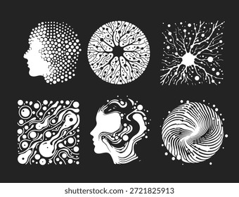 Satz von sechs abstrakten schwarz-weißen Vektorformen, einschließlich menschlicher Profile, neuronenähnlicher Designs und organischer psychedelischer Muster. Konzeptuelle Vektorgrafik für Wissenschaft, Psychologie, Kreativität.