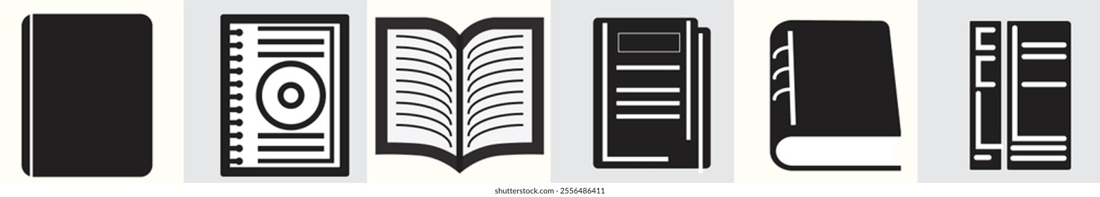 Set of six black and white book and notebook icons, featuring closed books, open books, and a spiral notebook with a CD. Minimalist vector design.