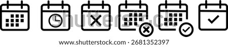 A set of six black and white calendar line icons, each depicting a different status such as scheduled, canceled, approved, or rejected, on a white background.