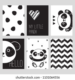 A set of six black and white cards with a cute panda. My little panda. Hello. Vector illustration in the Scandinavian style. Suitable for postcards, posters, printing, children's room.