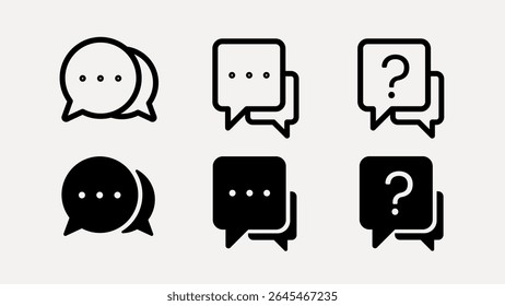 Conjunto de seis ícones de chat em preto e branco. Bolhas de fala e pontos de interrogação. Ícones de bate-papo minimalistas para comunicação e mensagens. Elementos de design de chat simples. Ícones da interface do usuário, conjunto de vetores de ícone da interface do usuário.
