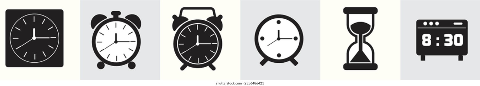 Set of six black and white clock icons, including analog clocks, alarm clocks, an hourglass, and a digital clock displaying 8:30. Minimalist vector design.