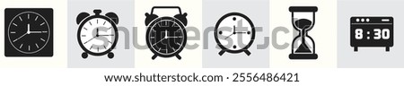 Set of six black and white clock icons, including analog clocks, alarm clocks, an hourglass, and a digital clock displaying 8:30. Minimalist vector design.