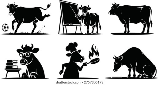 A set of six black and white cow silhouettes showing different comedic situations
